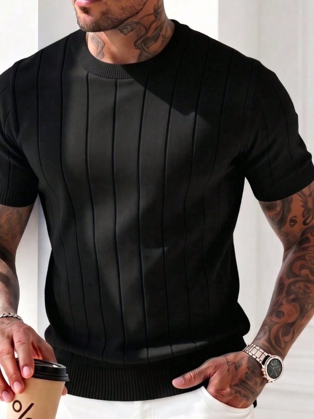 Black Casual Men's Ribbed Crew Neck Thin Knit Loose Fit Short Sleeve Sweater